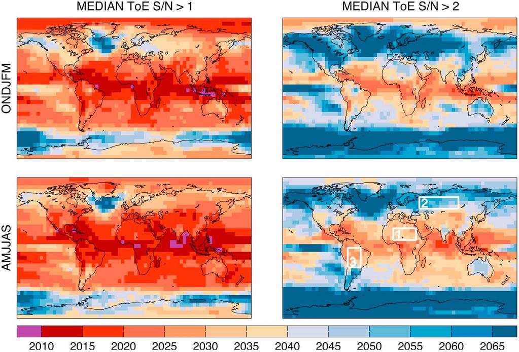 Figure 3. Median Time of Emergence for surface air temperatures for (top) October-March and (bottom) April-September. First year when temperature has expected (left) S/N > 1 and (right) S/N > 2.