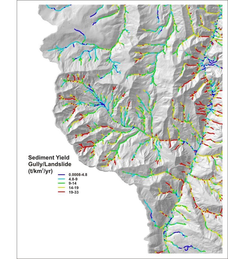 Figure 9. The predicted gully and shallow landslide sediment yield (average), highlighting Coal Basin.