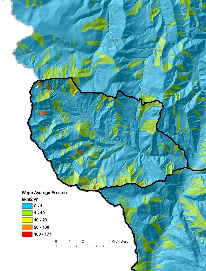 Figure 14. NetMap: WEPP is used to calculate the average hillslope erosion rate in t/km 2 /yr.