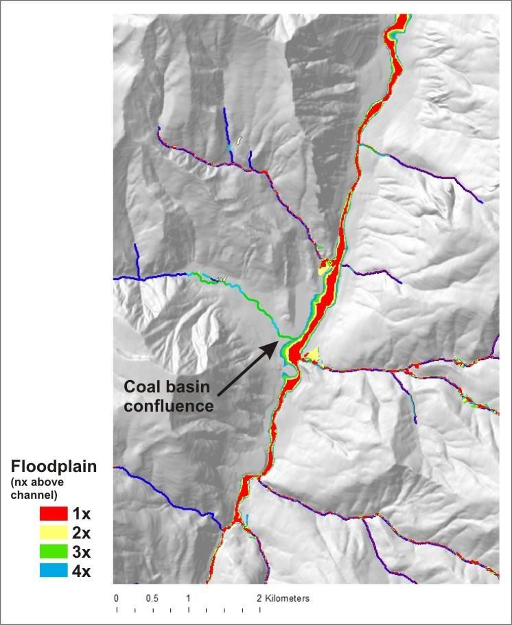 Figure 28. NetMap s floodplain tool was used to map floodplains and terraces at varying elevations above the channel.