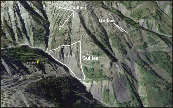 Figure 2. The dominant erosion processes in Coal Basin are gullying and shallow failures.