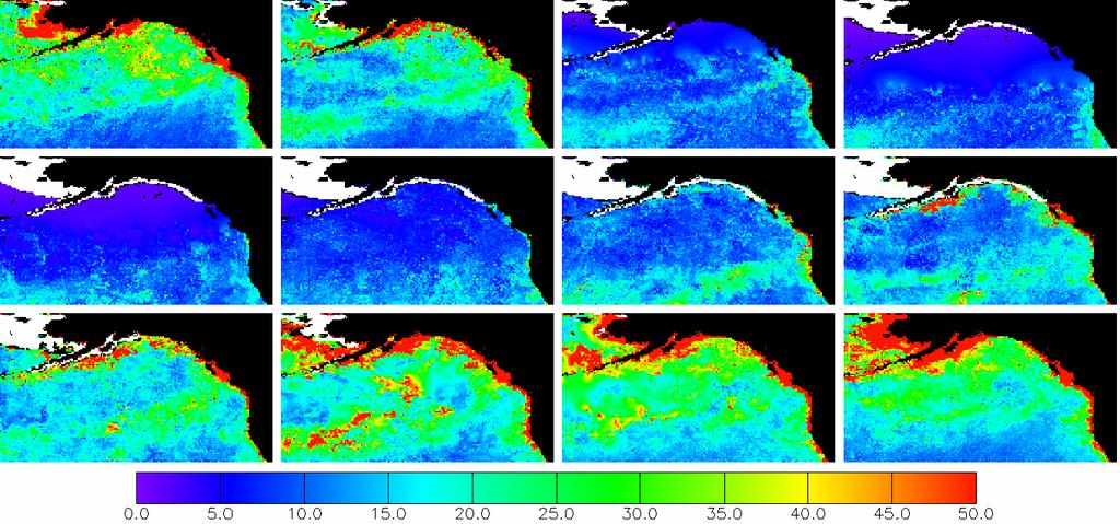 NE Pacific surface Chlorophyll (g C/m 2 ) from SeaWIFS Sep 97 Oct 97
