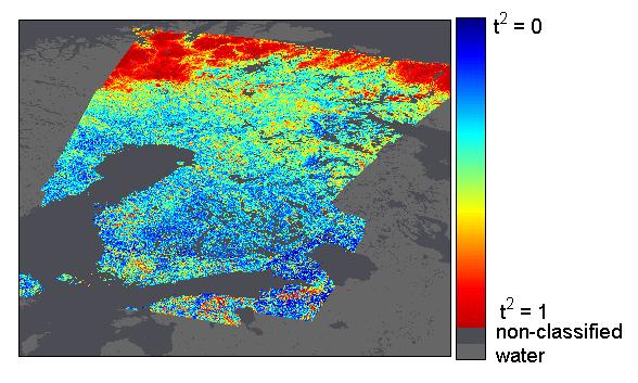 5. APPLYING THE METHOD TO MERIS DATA A transmissivity map over the entire Finland was generated using reflectance data from six MERIS full resolution ¼ scenes acquired at full dry snow cover
