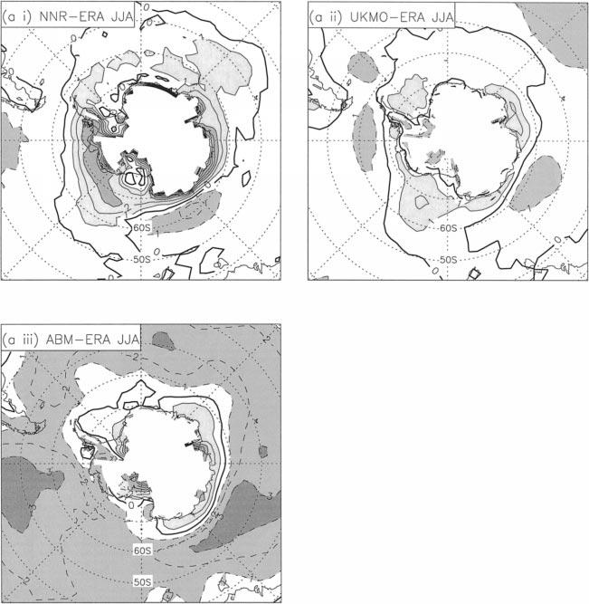 32 JOURNAL OF CLIMATE FIG. 2. Difference in the mean 1988 93 MSLP for (a) JJA and (b) DJF of (i) NNR, (ii) UKMO, and (iii) ABM ERA.
