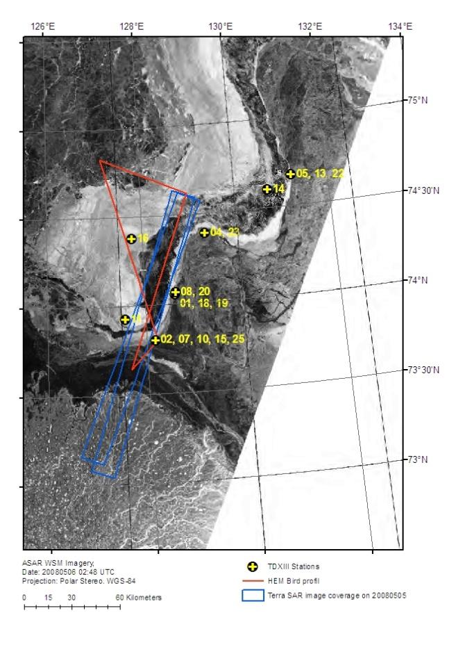 Blue: TerraSAR-X footprints; Red