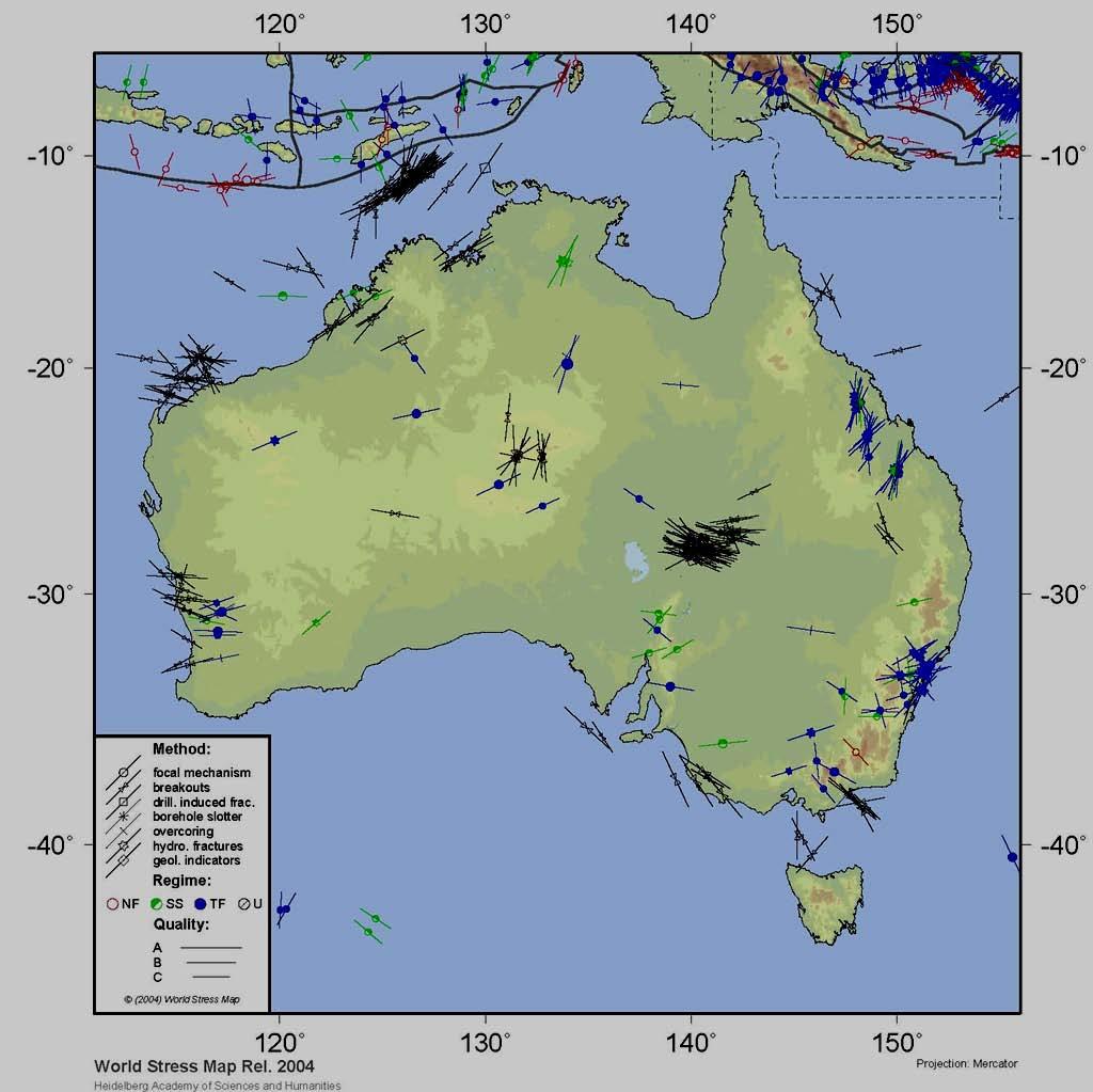 Australian stress map σhmax~ 30 degrees complex stress regime,