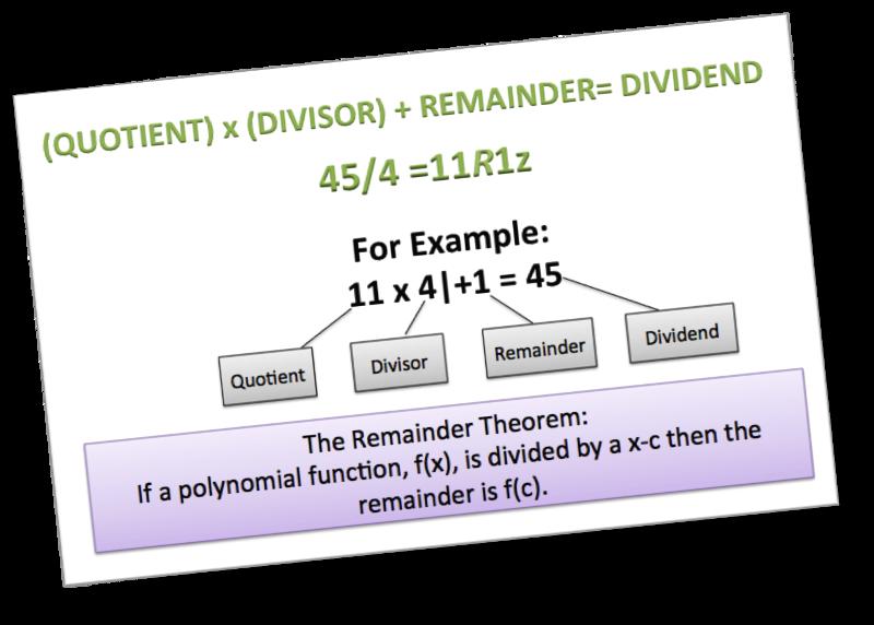 The Remainder Theorem shown here says that the remainder will be the same answer as plugging the number into the polynomial for x and solving.