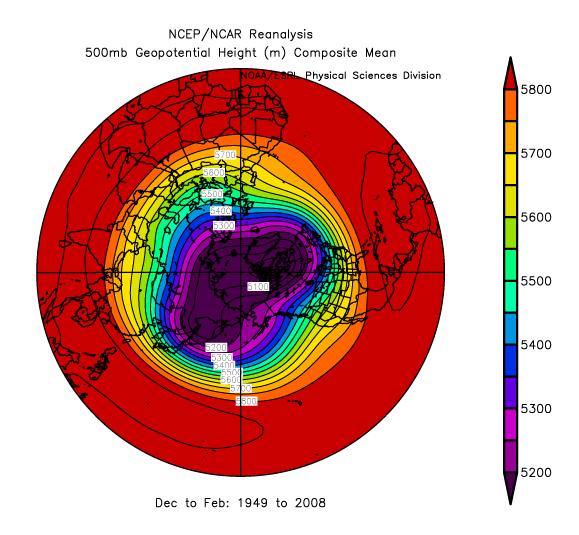 On our wintertime 500 mb chart, we can detect a belt of fast winds ringing the planet in midlatitudes, where