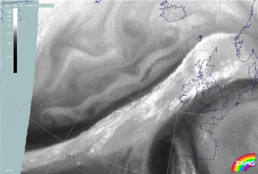 The image shows a typical example of a Cold Front stretching from the western Mediterranean across France and the British Isles.
