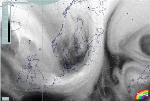 The cloud band in the VIS image shows brighter grey shades in the rear part of the band, for instance from north Germany across the Baltic Sea to the south coast of Finland.