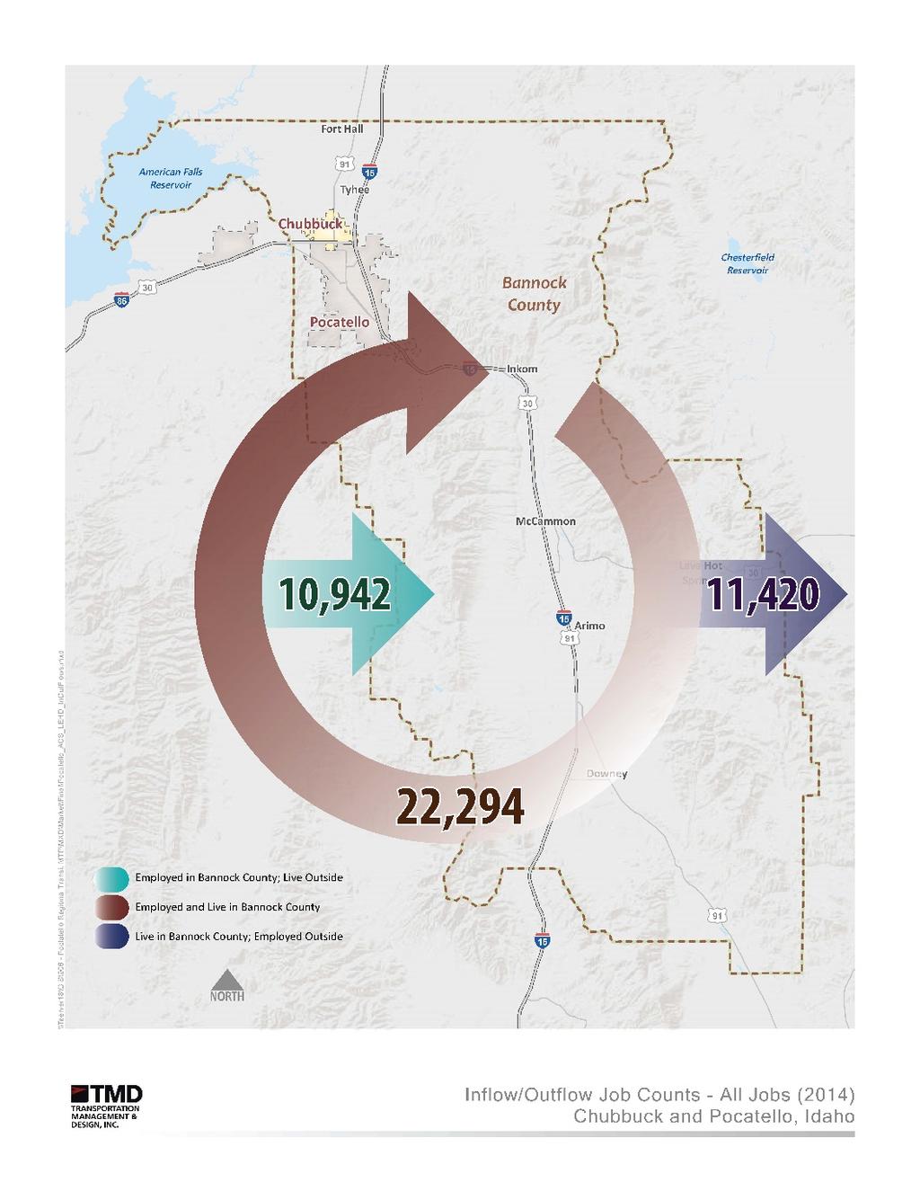 Travel to Work Patterns Travel to work patterns show that activity is generally concentrated within the bounds of Bannock County, however there are also significant inflow and outflow travel patterns.