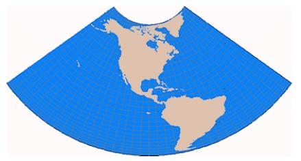 Albers Equal Area Conic Projection The Albers Equal Area Conic projection preserves the area of geographic features Parallels are again unequally spaced arcs that get further apart as they move away