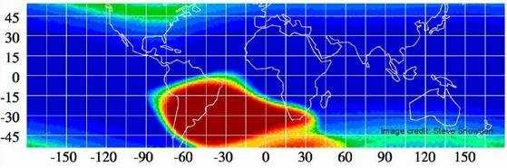 TEMIS PROMOTE SACS Image of the South Atlantic Anomaly from data collected by the X-ray detector of ROSAT The image is