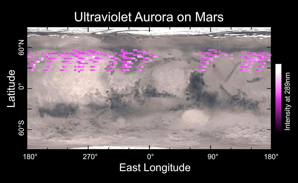 Auroras on Mars A map of MAVEN's Imaging Ultraviolet Spectrograph (IUVS) auroral detections in December 2014 overlaid on Mars surface.