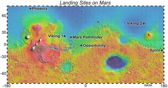 3 of 8 NASA mission landing sites are shown on this base map of Mars topography created by the Mars Orbiter Laser Altimeter (MOLA).