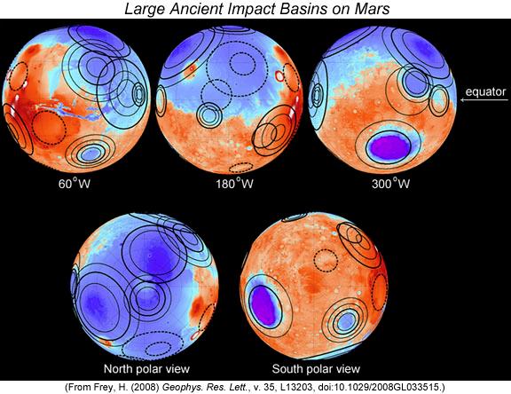 http://www.psrd.hawaii.edu/may10/youngeralh84001.html 7 Impact basins larger than 1000 kilometers diameter are shown on a series of Mars topographic maps.