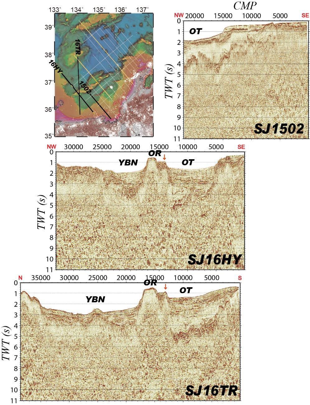455 456 457 Fig. 8 Time-migrated seismic sections of lines SJ1502, SJ16HY, and SJ16TR.