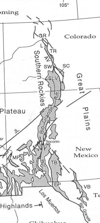 Rio Grande Rift System Early rift system Developed in late Oligocene (30 Ma) Followed zone of Laramide uplifts Reflects Basin and Range extension Later faulting Along zone of grabens and half grabens