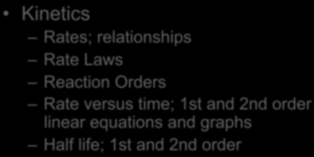 Exam I Kinetics Rates; relationships Rate Laws Reaction Orders Rate versus time;