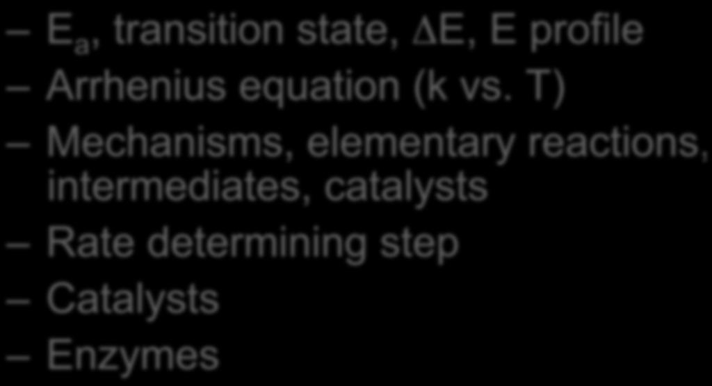 transition state, ΔE, E profile Arrhenius equation (k vs.