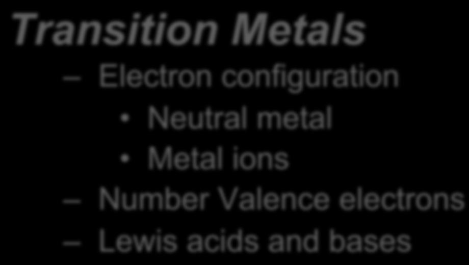 Transition Metals Electron configuration Neutral metal Metal ions Number Valence