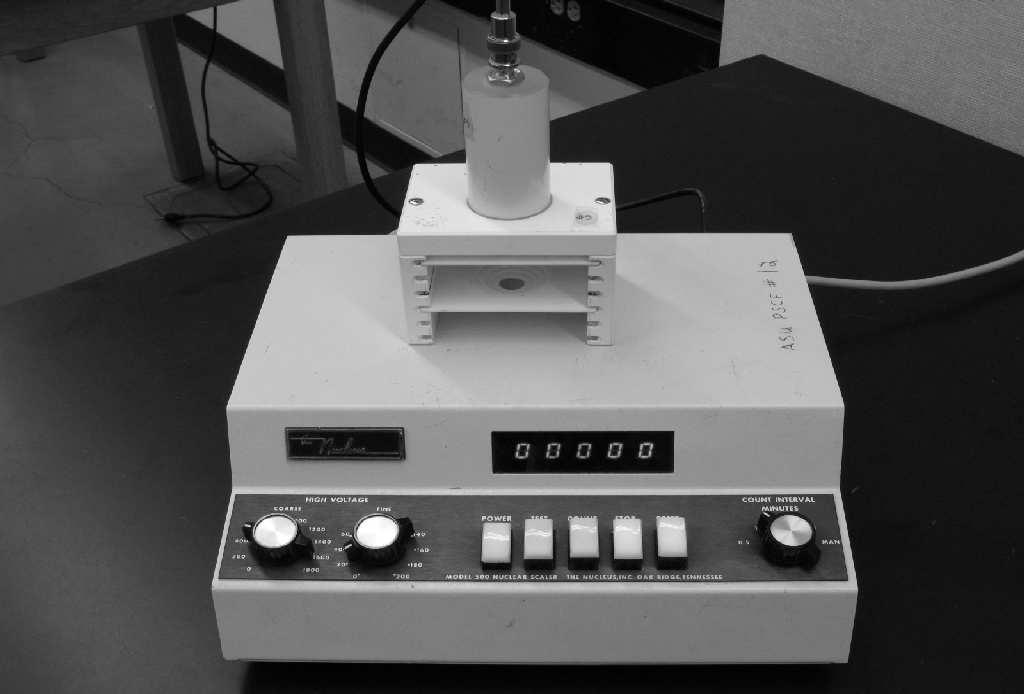 Procedure You will measure the intensity of the nuclear emissions with a Geiger counter, as shown in the photograph below.