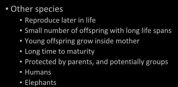 Species Have Different Reproductive Patterns Type I Other species Reproduce later in life Small number of offspring with long