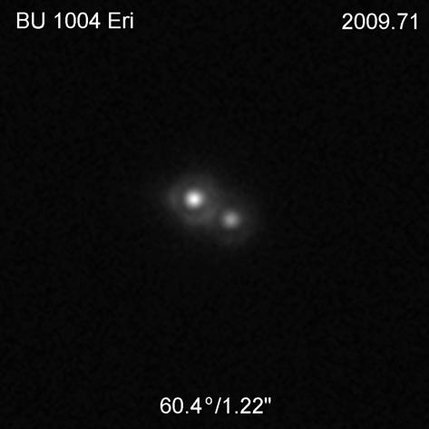 Page 139 Figure 3: Left: The binary BU 1004 AB in Eridanus (88 frames x 33 msec). The position given at the bottom is the average of 3 measurements around the date indicated at upper right.