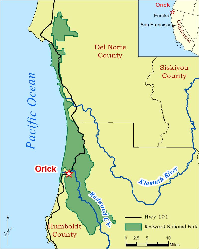 Figure 1. Location of project area in northern California. Orick lies north of Eureka at the south end of Redwood National Park. Park boundary data from National Park Service (2017).