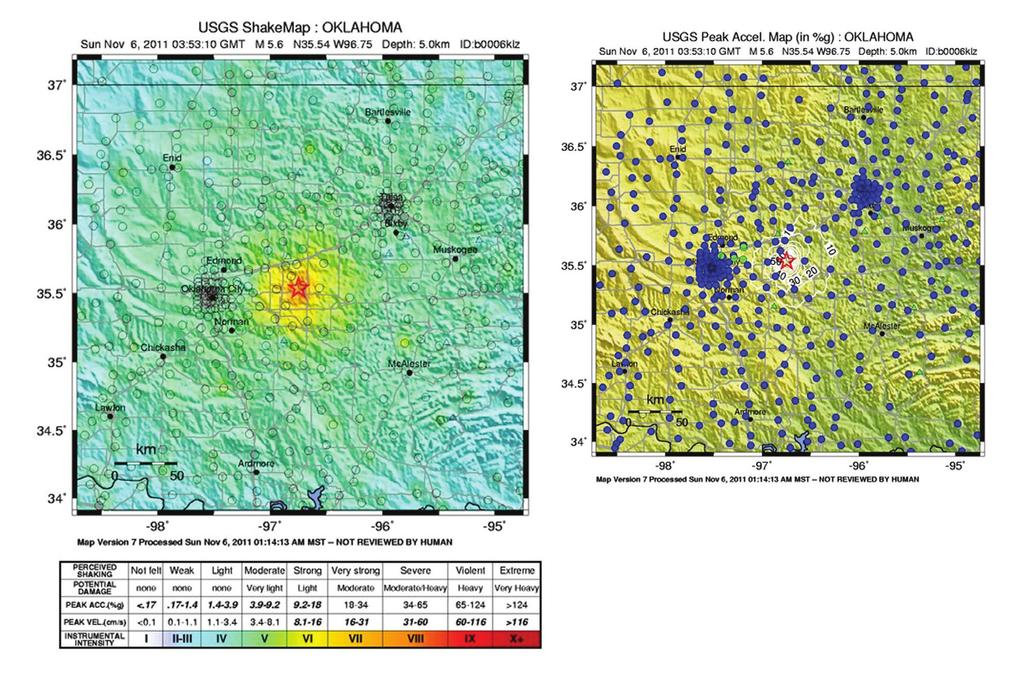 Figure 6. Shake map showing contours of estimated intensity based on recorded ground motion (left) and peak ground motion (right) for the Prague Oklahoma earthquake on November 6, 2011.