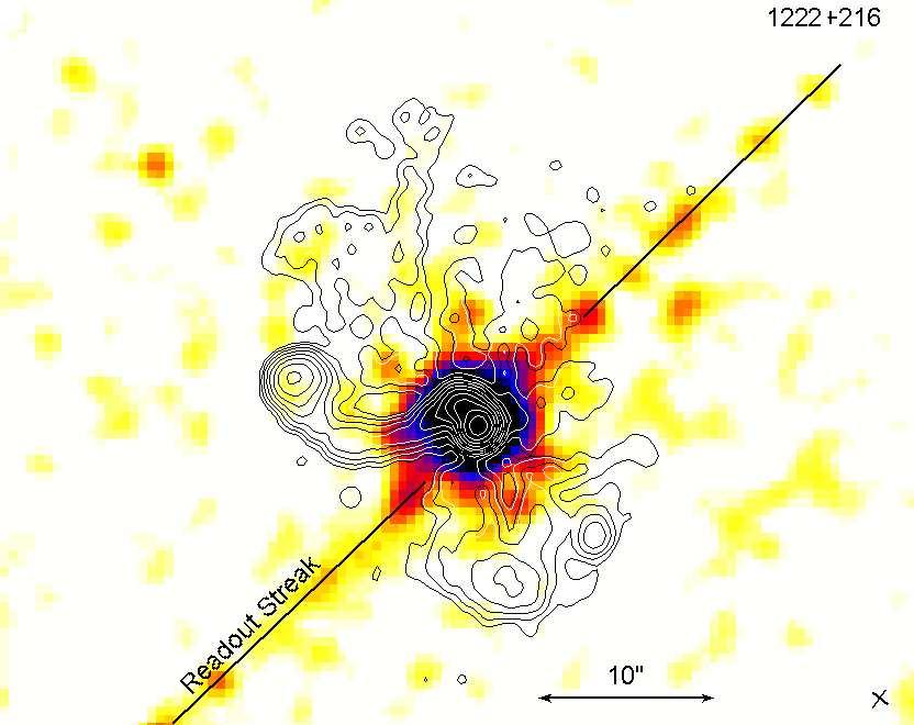 36 Figure 2.11. Radio/X-ray overlay of 1222+216. emission along the jet until the hotspot where it reaches its maximum flux.
