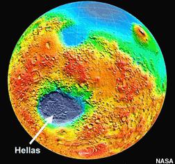 Page 7 of 9 This topographic map of Mars shows the many craters of the martian highlands. The huge Hellas basin (~2,000 kilometers diameter) is clearly visible (blue is low and red is high elevation).
