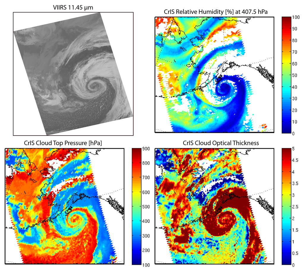 Figure 1: Low pressure system over the gulf of Alaska on 2012-09-26. Top left: VIIRS window channel (at 11.45 µm) image. Top right: CrIS DR retrieval of relative humidity at 407.5 hpa.