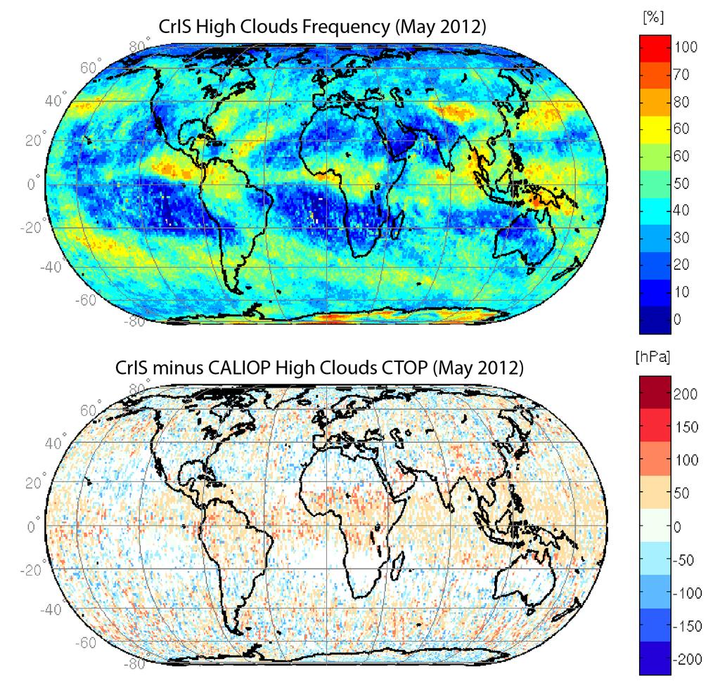 Figure 4: A month (May 2012) of DR cloud top pressure retrievals of high clouds (< 440 hpa) on 1-degree global grid. Top panel: CrIS high cloud frequency.