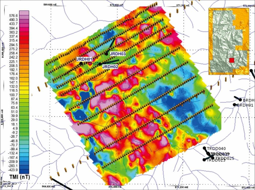 The induced polarisation and ground magnetic results combined with re-interpretation of aeromagnetic data, spectral analyses, re-mapping and re-sampling of the area identified three drill targets