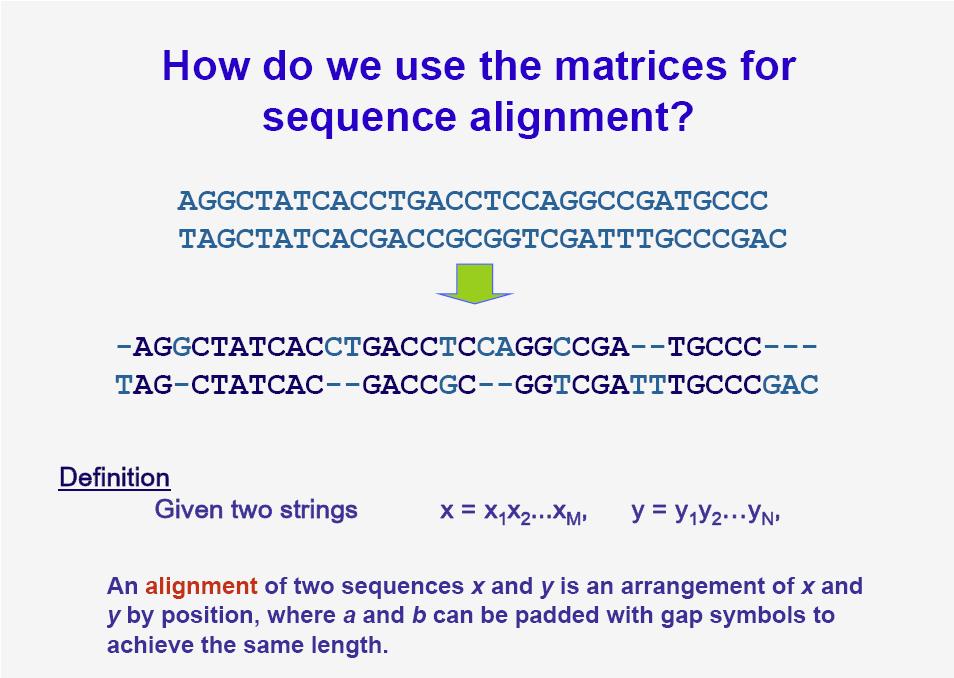 What is a good sequence alignment Theory: If two sequences are homologous we want to match up the residues such that each residue is