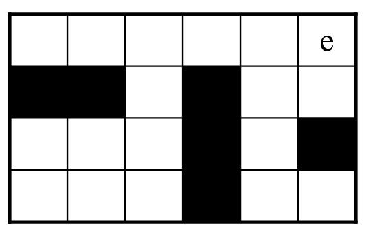 3 Conformant Search, The Sequel (4 points) Consider again an agent in a maze-like grid, as shown to the right. Initially, the agent might be in any location x (including the exit e).