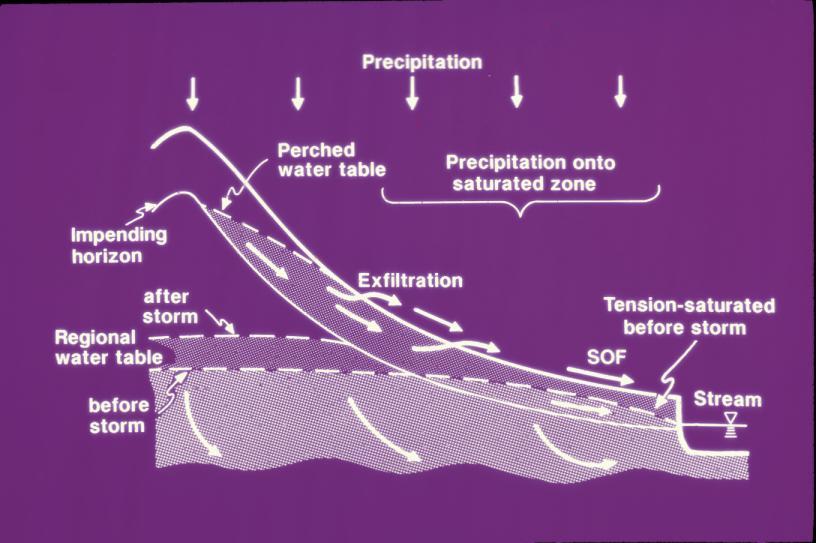 Runoff generation Dunnian mechanism (4) Interflow, exfiltration and direct precipitation generate saturation