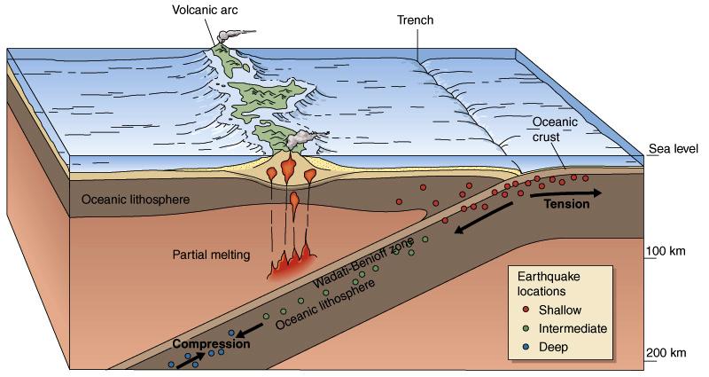 Spacing of Island Arc (Subduction Zone) and the Depth to Magma: We have learned in lecture that some volcanoes occur at subduction zones due to melting in the wedge of mantle asthenosphere overlying