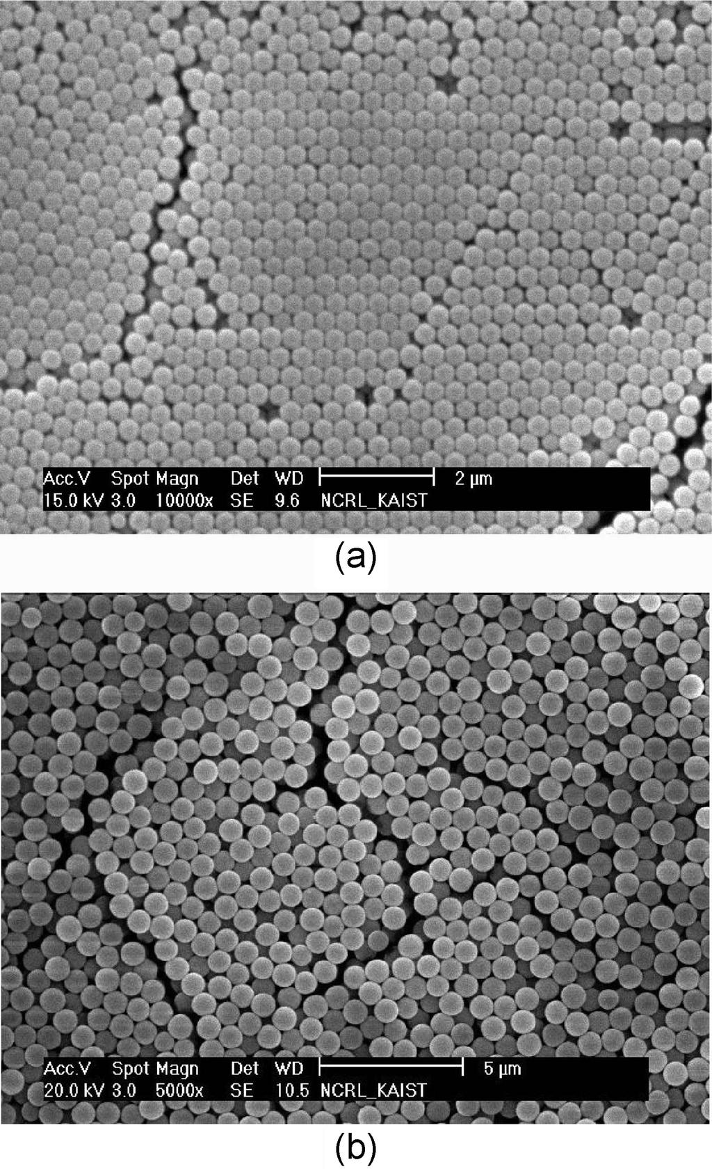 475 Journal of the Korean Ceramic Society - Fig 6 Fig 5 SEM micrographs of monodispersed spherical SiO obtained from (a) TEOS (mean size 360 nm, SD 38%) and (b) MTMS (mean size 8 nm, SD 3%) 14) Vol