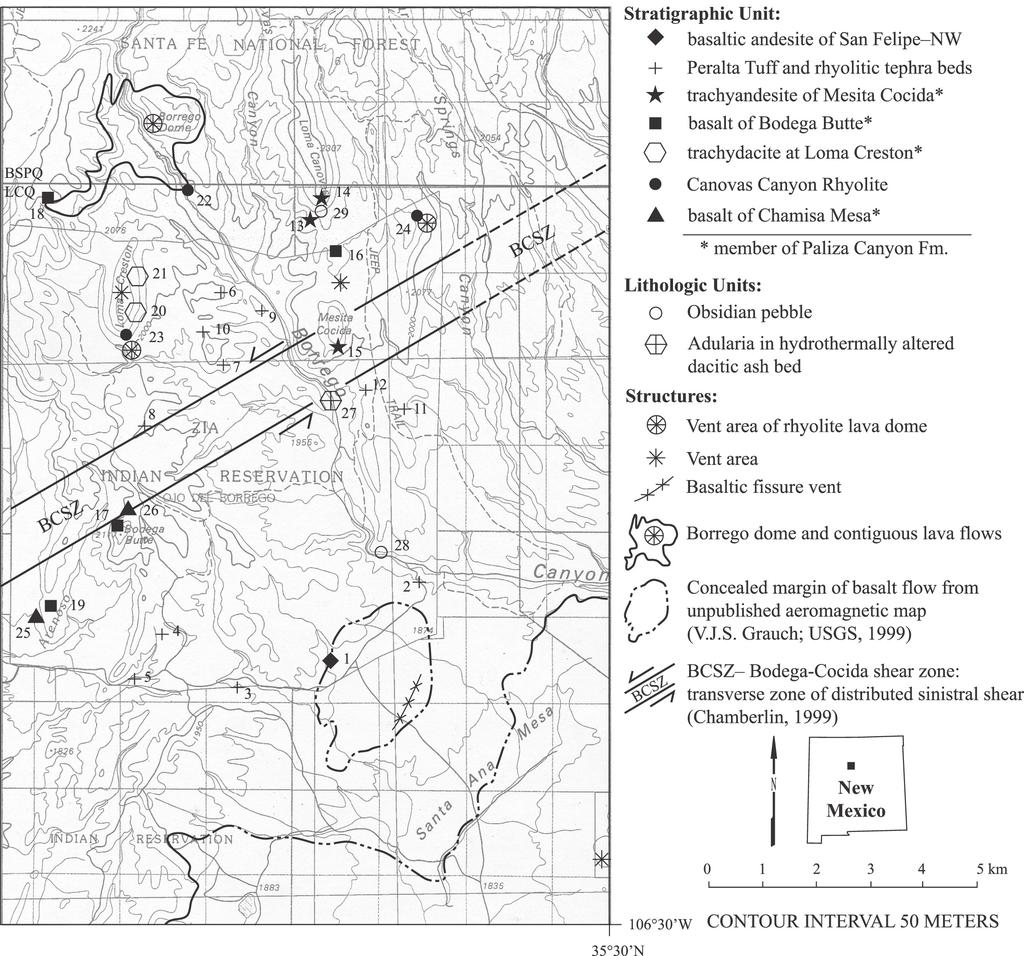 CHRONOLOGY AND STRUCTURAL CONTROL - LOMA CRESTON QUADRANGLE 249 FIGURE 1. Location of 40Ar/39Ar dating samples and volcanic structures in the Loma Creston quadrangle (LCQ).