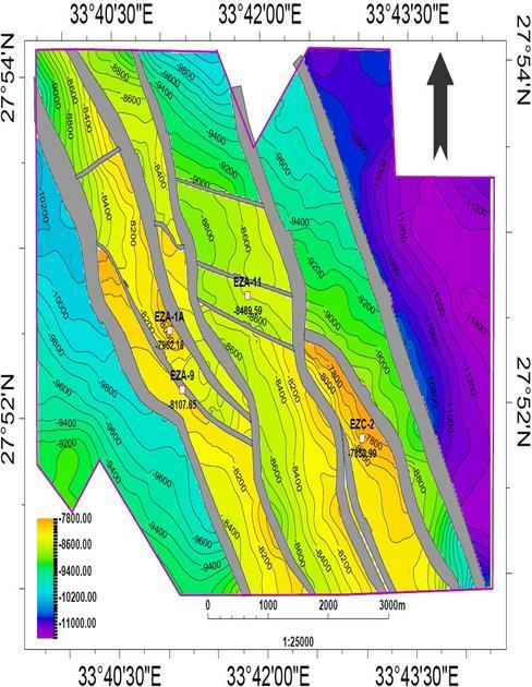 Depth Structure Contour Map, Top Kareem Formation Kareem Formation still affected by the major faults NW-SE (Clysmic fault trends)