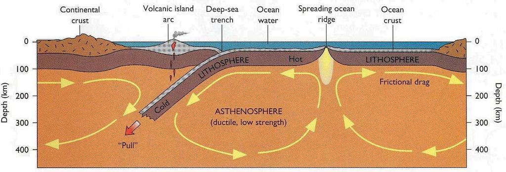 Convection in the asthenosphere causes the lithospheric parts of the plates to pull apart at the ocean