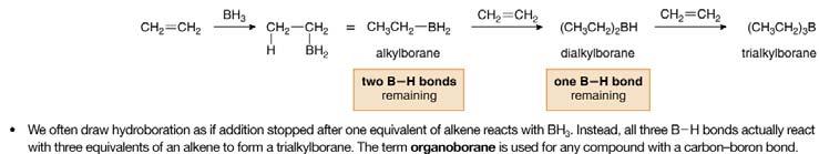 Because the alkylborane formed by the reaction with one equivalent of alkene still has two B H bonds, it can react with two more equivalents of alkene to form a trialkylborane. Figure 10.