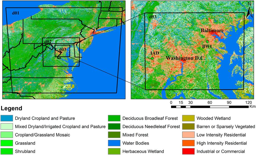 LI ET AL.: A MOSAIC APPROACH IN WRF-NOAH Figure 1. WRF setup and land cover maps over the Baltimore-Washington Corridor.