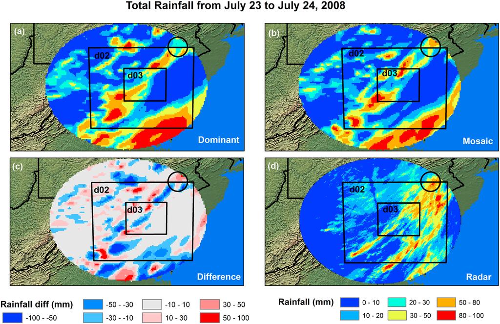 LI ET AL.: A MOSAIC APPROACH IN WRF-NOAH Figure 9. Total rainfall from 23 July to 24 July (12 UTC to 12 UTC) produced by WRF simulations with the (a) dominant approach and (b) the mosaic approach.