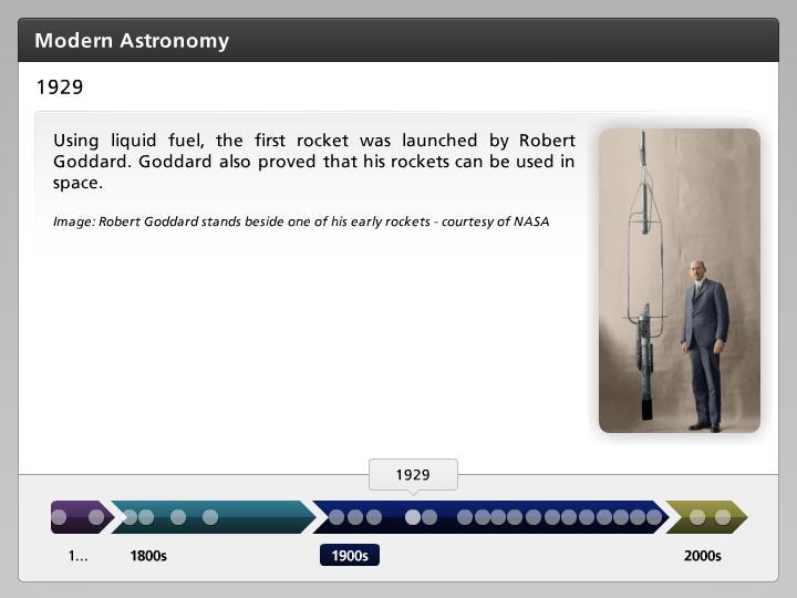 1929 Using liquid fuel, the first rocket was launched by Robert Goddard.