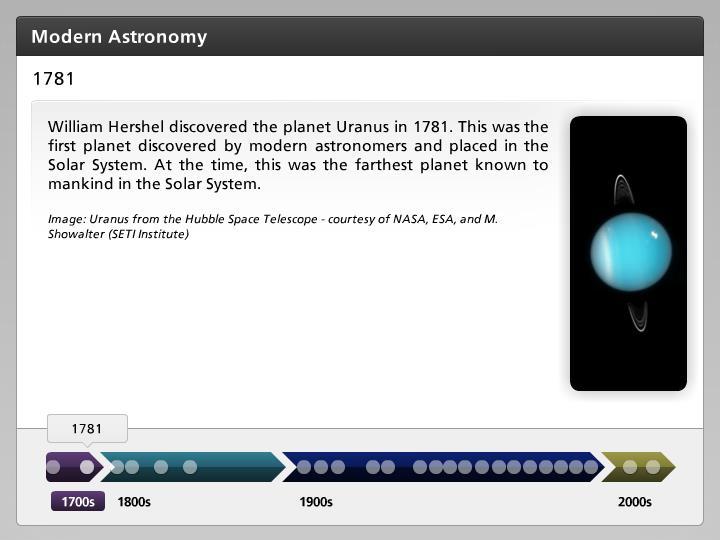 1781 William Hershel discovered the planet Uranus in 1781. This was the first planet discovered by modern astronomers and placed in the Solar System.