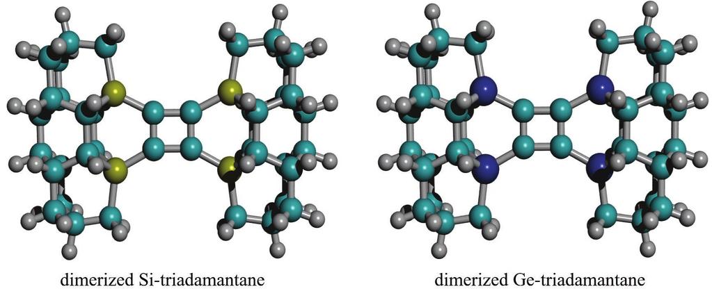 Figure 5. DFT/GGA optimized structures of the dimerized Si-triadamantane and Ge-triadamantane molecules.
