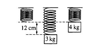11. A block of mass 3.0 kg is hung from a spring, causing it to stretch 1 cm at equilibrium, as shown above. The 3.0 kg block is then replaced by a 4.